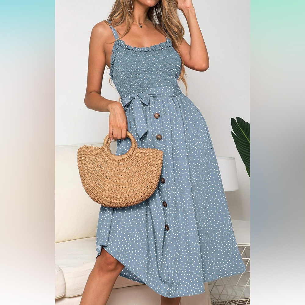 LOMON Boho Ruffle Sleeveless Adjustable Straps Swing Midi Sundress